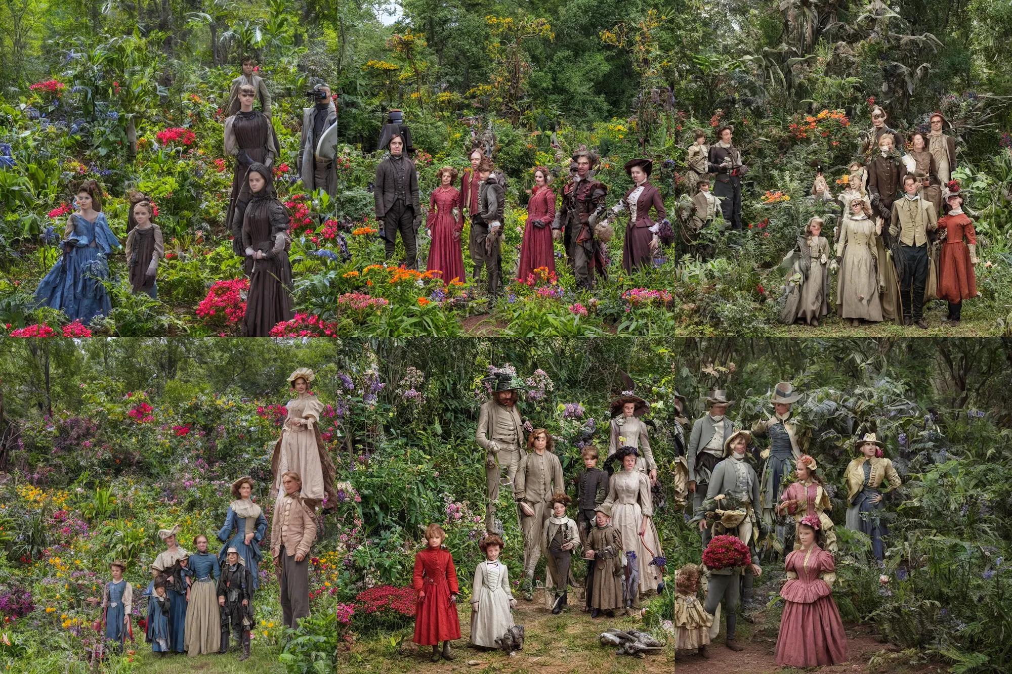 Prompt: sharp, highly detailed, 35840k film, 175000mm film still from a sci fi blockbuster color movie made in 2019, set in 1860, of a family standing in a park, next to some strange alien plants and flowers, on an alien planet, the family are all wearing 1860s era clothes, good lighting, Canon EF 35mm f/1.4L II USM lens