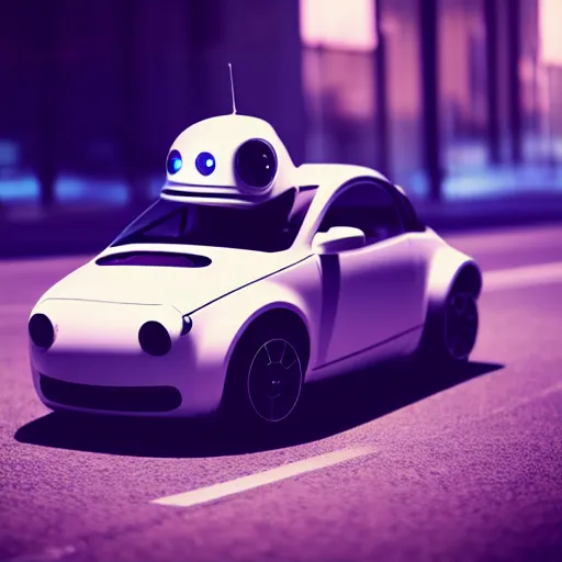 Image similar to a cute little robot in front of a car. super realistic 8 k render of a dark hooded powerful elegant, cinematic composition