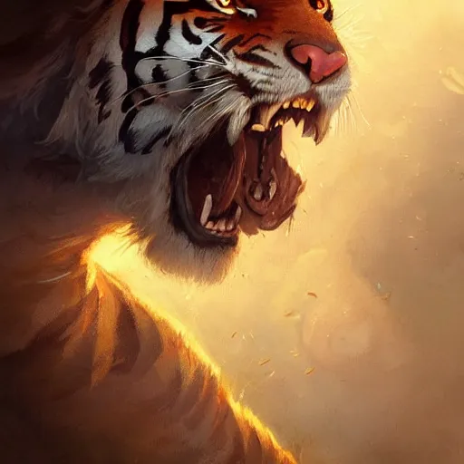 Image similar to a detailed portrait of a tiger roaring, by justin gerard and greg rutkowski, digital art, realistic painting, dnd, character design, trending on artstation