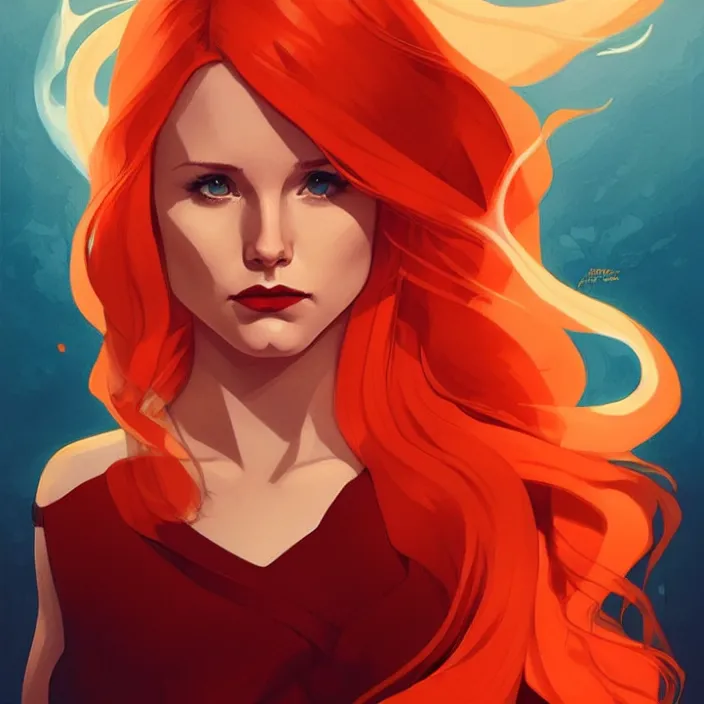 Image similar to style artgerm, joshua middleton, beautiful kristen bell with dark red dress, very long orange hair, symmetrical face, symmetrical eyes, fire powers fire swirling, detailed, volcano setting, cinematic lighting