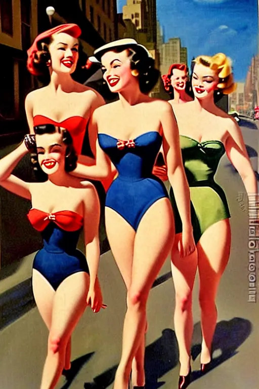 Image similar to 1940s group of pinup bikini girls walking down the street in 1940s Manhattan, oil painting, by Gil Elvgren