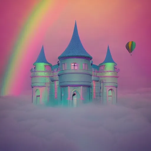 Image similar to “rainbow pastel castle in the clouds, ethereal, heavenly, floating Iridescence, cotton candy happy 8K trending on artstation, Octane Render”