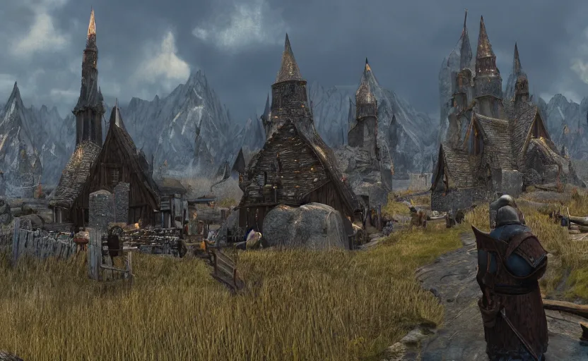 Image similar to whiterun in the style of pixar