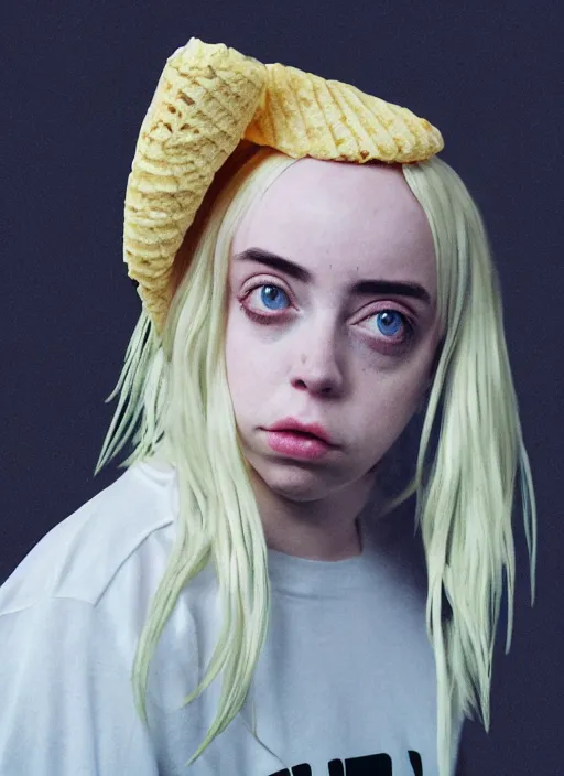 Prompt: a hyper realistic render of billie eilish wearing a melting ice cream cone as a hat, au naturel