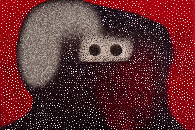 Image similar to face made out of mist, faceless people dark, dots, drip, stipple, pointillism, technical, abstract, minimal, style of francis bacon, asymmetry, pulled apart, cloak, hooded figure, made of dots, abstract, balaclava, red dots