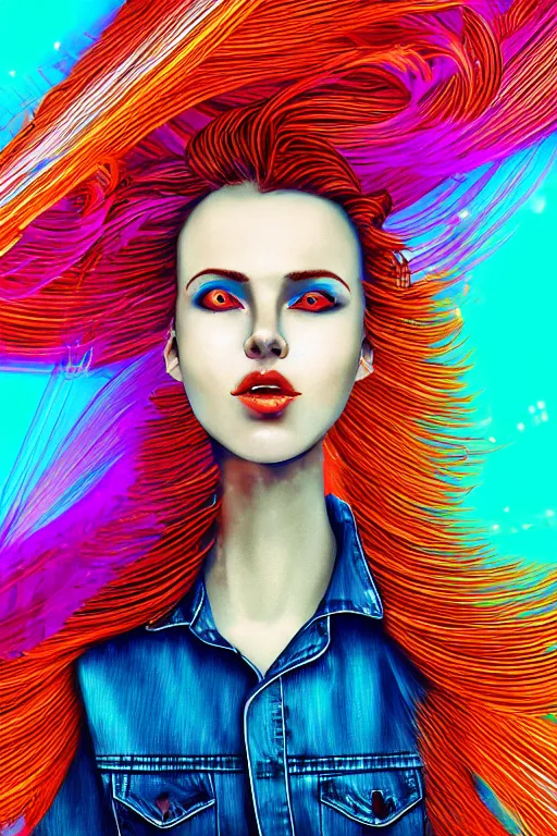 Image similar to a award winning half body portrait of a beautiful woman with stunning eyes in a croptop denim jacket and cargo pants with ombre red orange teal hairstyle head in motion and hair flying while dancing by thomas danthony, surrounded by whirling illuminated lines, outrun, vaporware, shaded flat illustration, digital art, trending on artstation, highly detailed, fine detail, intricate