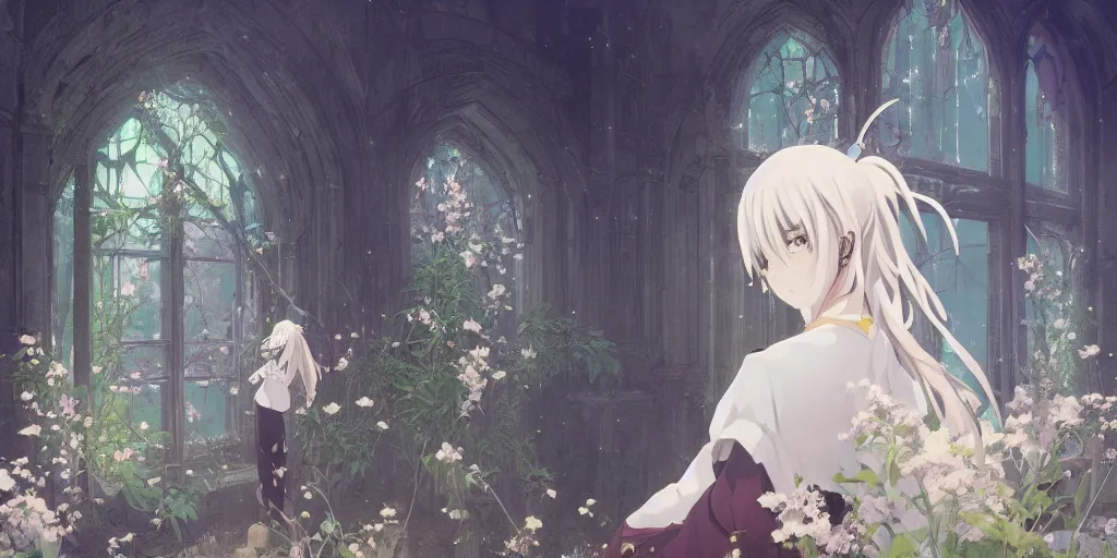 Image similar to anime kyoto animation key by greg rutkowski night, single white hair girl in abandoned chapel with overgrown flowers and plants