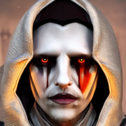 Image similar to a digital art close up portrait of hooded bard in style of d & d character, handsome warlock character sheet, light clown makeup, 4 k, ultra detail, volumetric lighting, unreal engine, octane render, grimdark