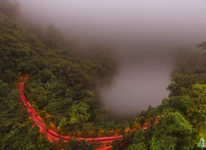 Prompt: an emerald bridge over a river of red wine. highly detailed. mythical. magical. mist. foggy. 4k. 800 iso.