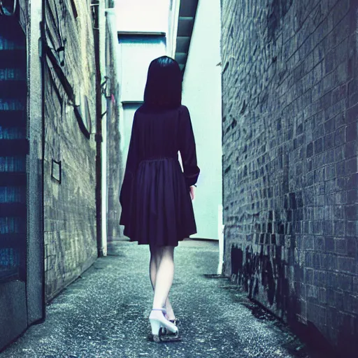 Prompt: a perfect 8K HD professional photo of japanese girl posing, wearing dress in sci-fi dystopian alleyway, at instagram, Adobe Lightroom, taken with kodak portra