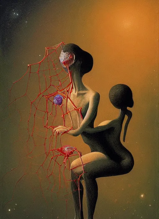 Prompt: She Eats of the Strangling Fruit and Her spiderlike gossamer glistening polyp blossoms bring iridescent fungal flowers whose spores black the foolish staring stars Edward Hopper and James Gilleard, Zdzislaw Beksinski, Mark Ryden, Wolfgang Lettl highly detailed