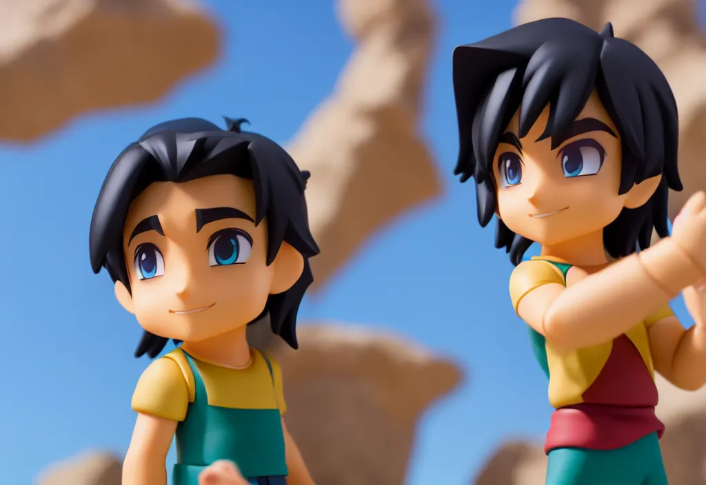 Image similar to side view of young aladdin as nendoroid running in desert village, 8 k hd dof, kodak film,