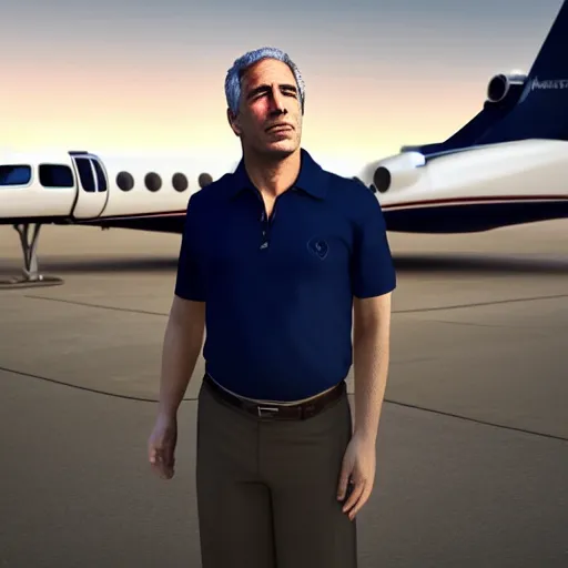 Prompt: aesthetic illustration of jeffrey epstein, wearing a dark blue polo shirt, standing by his bombardier private jet on an empty runway at dusk, cinematic lighting, high detail, volumetric lights, rule of thirds, unreal engine 5 render, pinterest wallpaper, trending on artstation