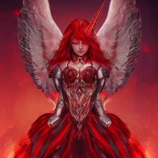 Prompt: woman - unicorn hybrid red angel - wings, stunning, thick armor that covers everything, shocked very wide open eyes very open eyes, realistic, symmetric portrait, face, intricate, very detailed, fantasy digital art, trending in artstation, marc simonetti