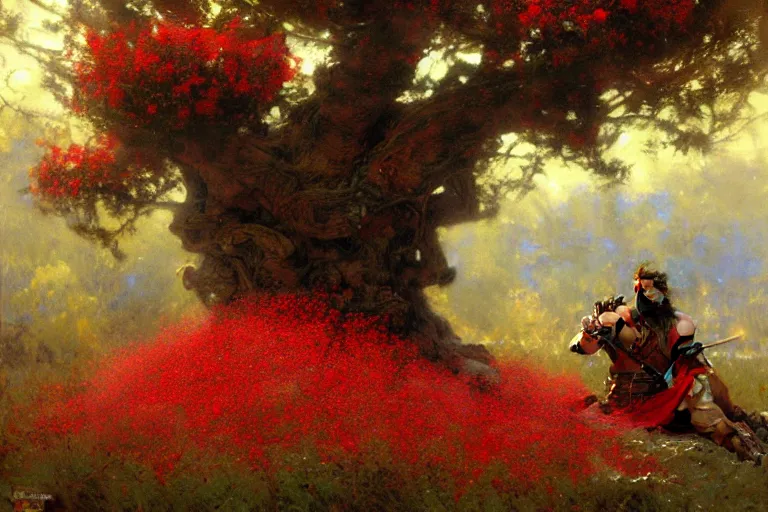 Prompt: a male warrior relaxing under a huge tree with red flowers, god ray, ground covered with snow, extreme long shot, fantasy, painting by gaston bussiere, craig mullins, j. c. leyendecker, trending on artstation