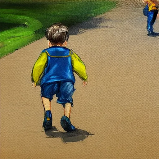 Image similar to kid with yellow boots running down the street, concept art, painting, highly detailed