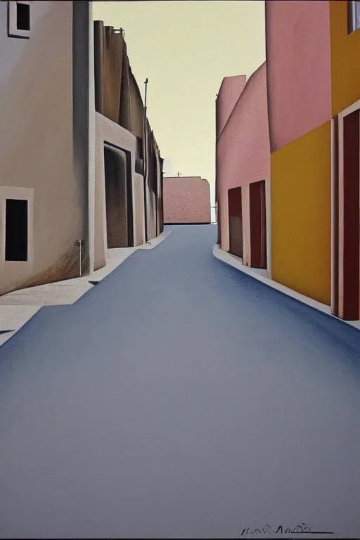 Image similar to deserted street in colonia El Viso, Madrid, realist painting by María Moreno, 1981