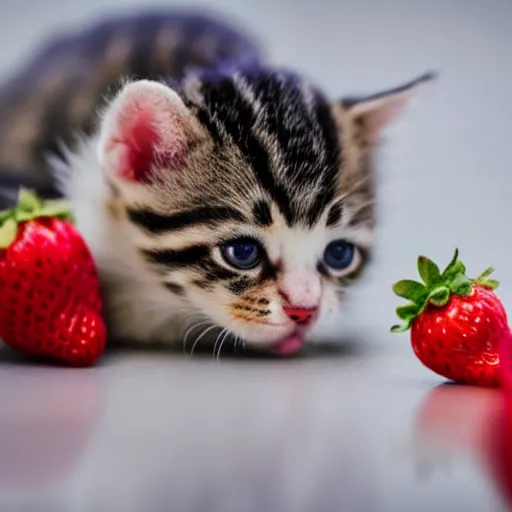 Image similar to macro shot photograph of an extremely tiny baby kitten on top of a strawberry