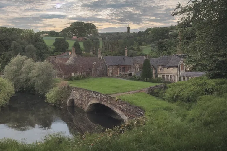 Image similar to landscape photography, realistic photo of a tudor style detached house, a river flowing through the scene, arched bridge, riverboat in the foreground, dusk
