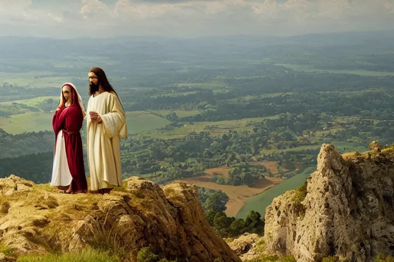 Image similar to a unique digital photo of jesus and mary magdalene standing on a cliff looking over a beautiful landscape in france, rennes - le - chateau, award winning photo, very detailed, very realistic cinematic