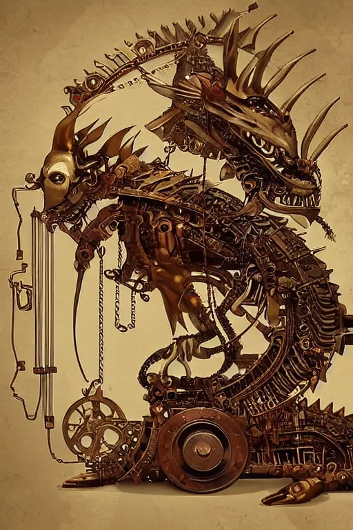 Prompt: illustration, old sick gold and crimsoned scaled asian style dragon on a steam punk plank of machinery with wires and gears and steam punk apparatus, matte painting, style of studio ghibli, featured in artstation and artgerm and pixiv, award winning, cinematic, intricate, 8 k