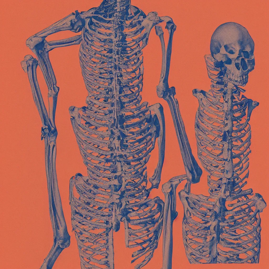 Prompt: vivid risograph of one skeleton on orange background