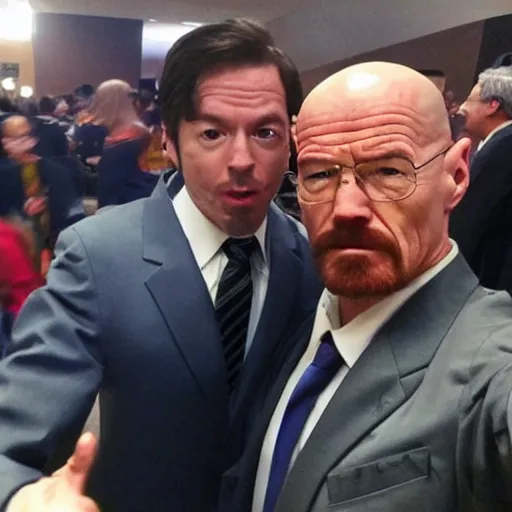 Image similar to walter white doing a selfie with phoenix wright, realistic, cool, nice, beautiful