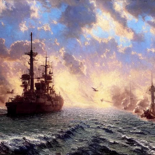 Prompt: detailed cinematic wide shot of world war 2 battle ship attacking ships, ultra realistic, spring light, painting by gaston bussiere, craig mullins, j. c. leyendecker