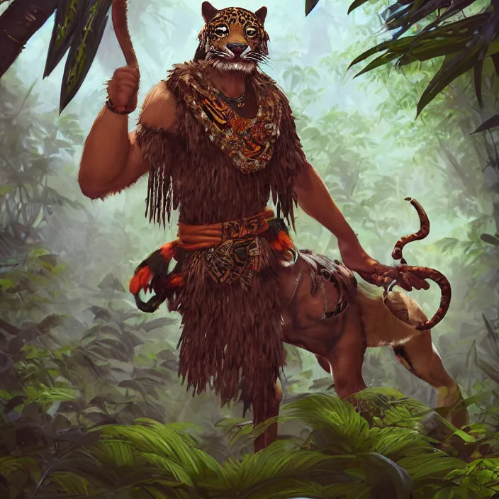 Image similar to character portrait feature of the anthro male anthropomorphic jaguar fursona animal person wearing shaman tribal outfit robes belt standing in the amazon rainforest, well framed character design stylized by charlie bowater, ross tran, artgerm, makoto shinkai, detailed, soft lighting, rendered in octane