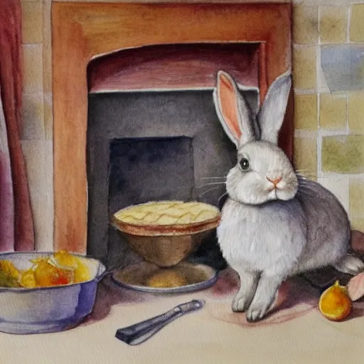 Image similar to a rabbit cooking in a french kitchen, watercolour realism