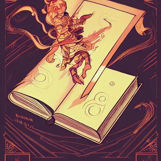 Prompt: concept art design illustration, spellcasting from spell book!!!!, 1 6 colors, logo, ink drawing, art by jc leyendecker and sachin teng