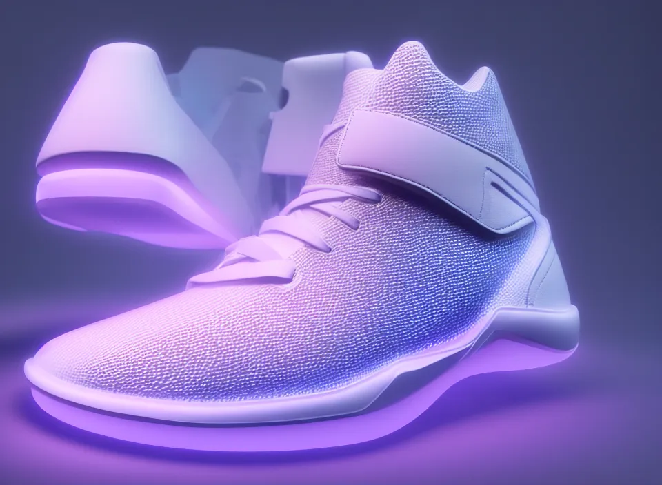 Image similar to realistic 3 d render of a futuristic sneaker, beautiful studio lighting, soft, sharp focus, neon glowing lines, intricate detail, purple and blue leather, soft white rubber, shiny plastic, hexagon mesh, gold filigree, octane render, side view, close up, trending on artstation, deviantart, nike, asics, adidas