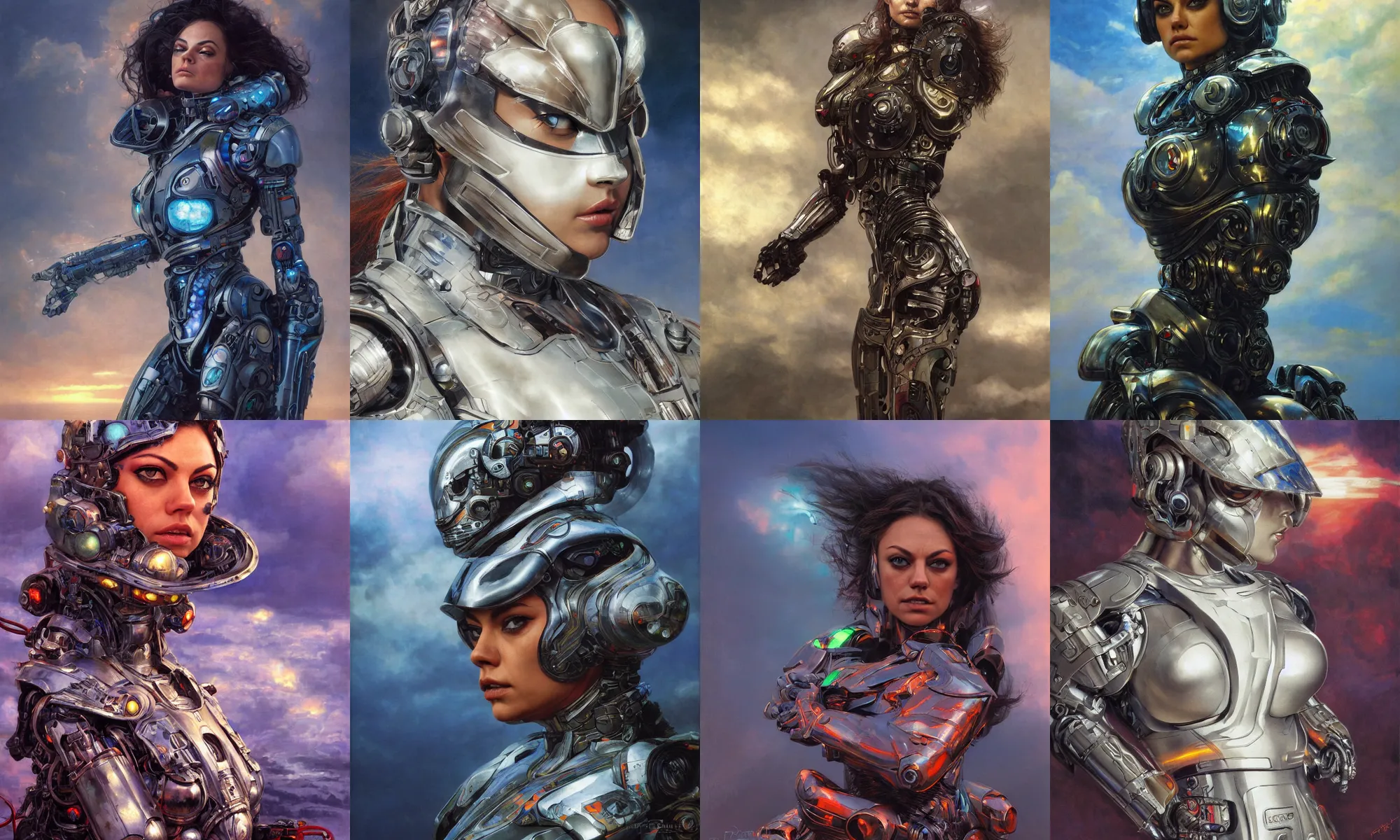 Image similar to portrait of epic mila kunis cyborg neon armor, in clouds, cinematic studio light, windy, sunrise, wlop, by gerald brom, by mikhail vrubel, by peter elson, muted colors, extreme detail, trending on artstation