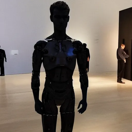 Image similar to “ a realistic detailed photo of a guy who is an attractive humanoid who is half robot and half humanoid, who is a male android, actor liam hemsworth, shiny skin, posing like a statue, blank stare, at the museum, on display ”