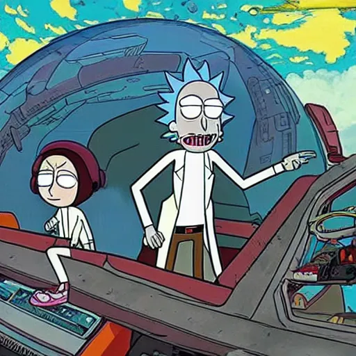 Image similar to Rick and Morty flying in their spaceship in the style of Akira, 2000s manga, anime, Japan