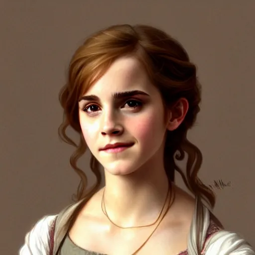 Image similar to Emma Watson as Hermione Granger. Happy. Cheerful. Smiling. Western. Closeup. Fantasy. Intricate Elegant. Highly detailed. Digital painting. Artstation. Concept art. Matte. Sharp focus. Illustration. 4K. Art by William-Adolphe Bouguereau.