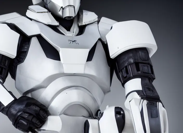 Image similar to cinematic photoshoot of clean modern hand crafted super futuristic tech soldier with exo suit pro display xpr luxury smooth color metal white silver with black leather padding well design ultrareallistic detailed high quality 8 k photorealistic ultra realistic