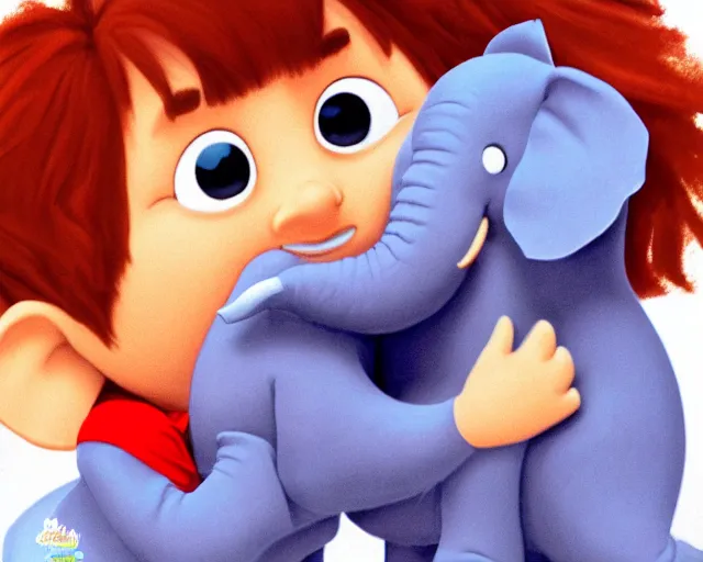 Image similar to detailed cartoon portrait of a little boy hugging his elephant pillow, pixar, sharp high quality