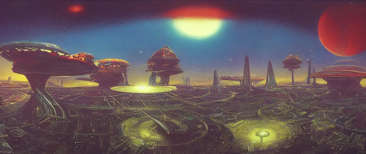 Image similar to a wide shot of a large distant hi-tech sci-fi Utopian spaceship, with a lot of bright color lights, bridges, turrets, pipes, orbiting a gas giant planet, beautiful, solarpunk, volumetric light, photography, color, intricate, extremely detailed, photorealistic, a painting by Beksinski