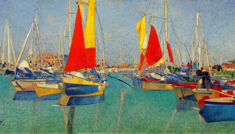 Prompt: a 1 9 9 8 brazilian nordeste port town designed by jules bastien - lepage, tarsila do amaral, frank weston and gustave baumann, trending on artstation, mediterranean, sail boats, sharp focus, colorful refracted sparkles and lines, soft light, 8 k 4 k