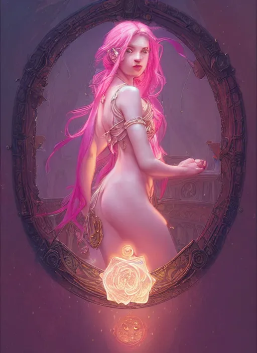 Prompt: pink hair goddess, fantasy, glowing lights!! intricate, soft rose and dried petals, d & d, fantasy, intricate, elegant, highly detailed, digital painting, artstation, concept art, matte, sharp focus, illustration, hearthstone, art by artgerm and greg rutkowski and alphonse mucha