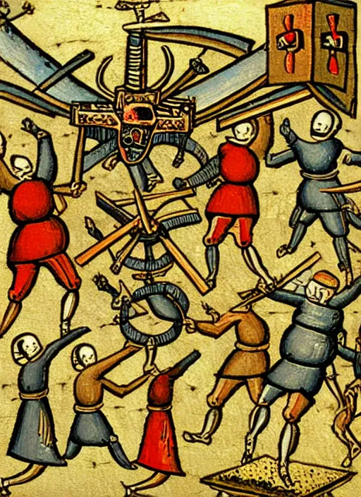 Prompt: A painting of quadrocopter attack peasant, medieval graphic, high detailed, codex