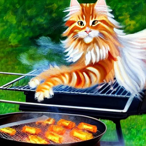 Image similar to beautiful impressionist painting of an ginger maine coon with a white beard cooking a bbq outside