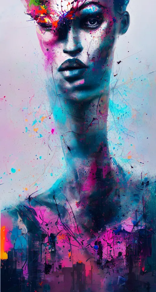 Prompt: abstract portrait, city in the background, beautiful abstract female shape, rule of thirds, face symmetry, colourful spray paint splatters, expressive, abstract art, by greg rutkowski, by jeremy mann, by francoise nielly, 4 k, 8 k, correct body proportion, cinematic style, shape shadow