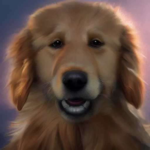 Prompt: portrait of a fluffy golden retriever dog, happy with his mouth open, D&D, fantasy, intricate, cinematic lighting, highly detailed, digital painting, artstation, concept art, smooth, sharp focus, illustration, art by Yekaterina Bourykina