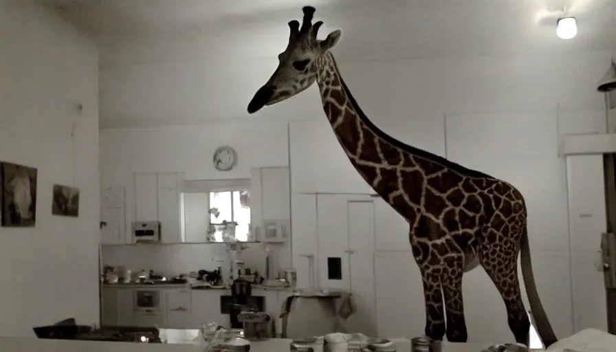 Image similar to a mini girafe in a stalinist style kitchen, by mini dv camera, very very low quality, heavy grain, very blurry, accidental flash, webcam footage, found footage, security cam, caught on trail cam