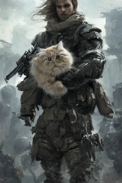 Image similar to a sodier with a head of a british longhair cat in the war, epic scene, by nick silva and ross tran and ruan jia