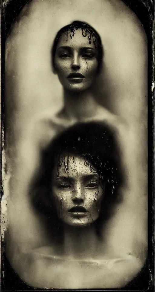 Prompt: a wet plate photograph, a portrait of a strikingly beautiful woman with regal features