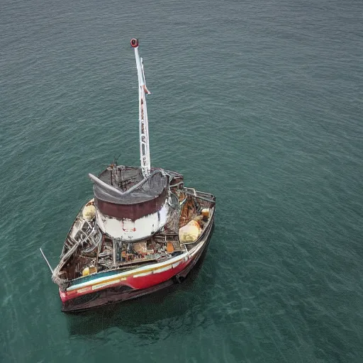 Prompt: realistic aerial drone shot of British scalloper scallop dredger