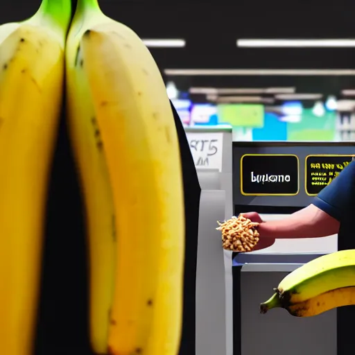 Prompt: a masked man at a self checkout stealing a banana, trending on artstation, depth field, unreal engine, cinematic, hyper realism, high detail, 8 k